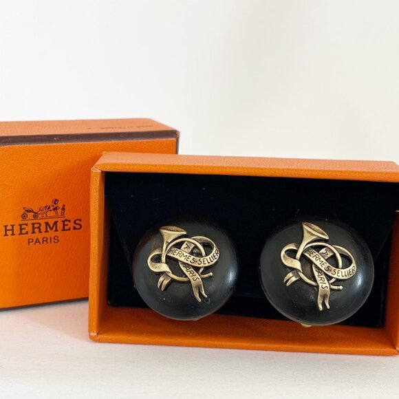HERMES Round Earrings Sellier in Dark Golden Metal and Wood - Picture 1 of 9